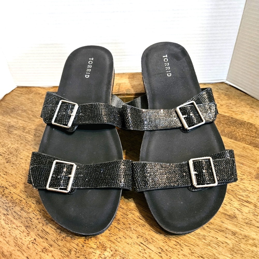 Torrid Sz 12 Black Glittery Strappy Slide Sandals with Buckles NWOT